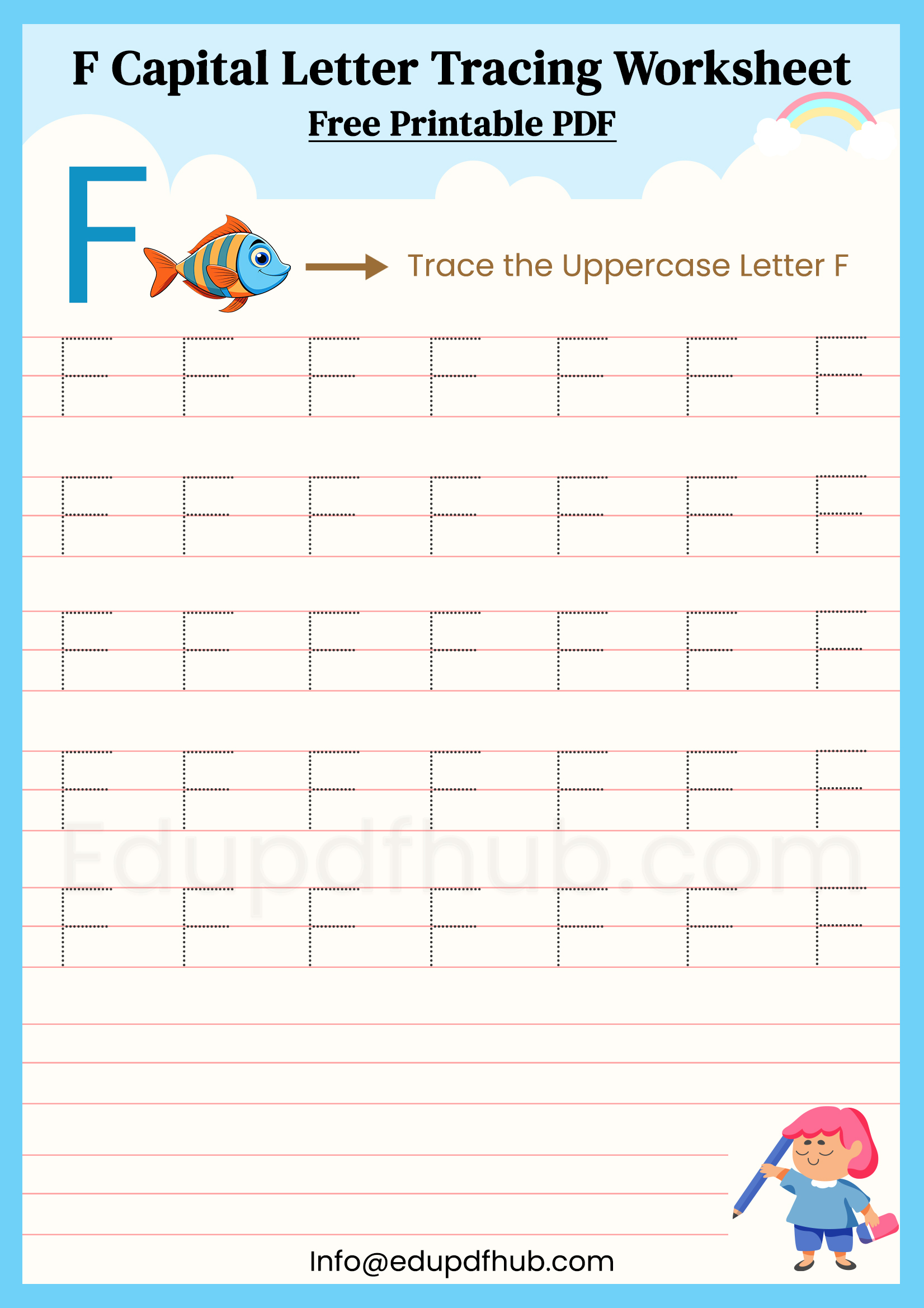 F Capital Letter Tracing Worksheet Printable PDF for Kids